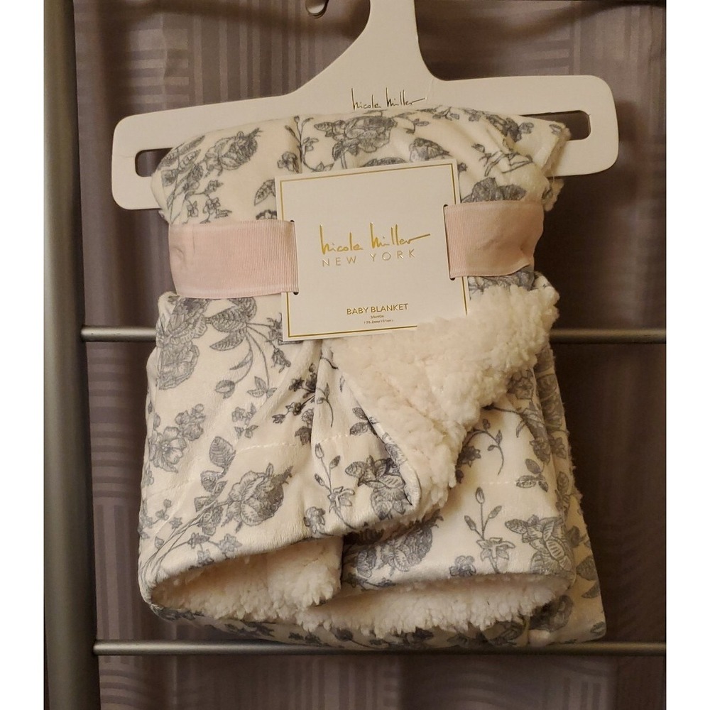 Girls Floral Sherpa Baby Blanket Nicole Miller White‎ Grey